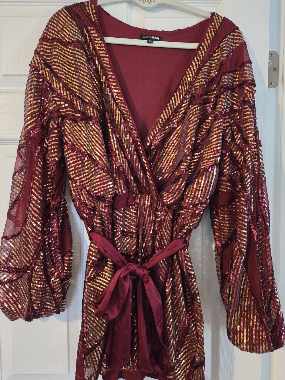 Fashion Nova Burgundy Red & Gold Sequin Wrap Romper